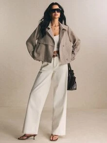 Poéselle 女款法式格紋優雅百搭短款風衣外套 - 棕色 - 查看 6
