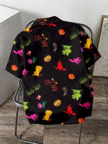 LOONEY TUNES X SHEIN Daypath Men's Halloween Pumpkin Pattern Printed Button-Down Shirt - Black - View 2