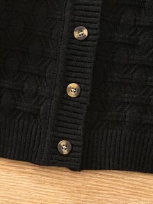 SHEIN Young Boy Solid Color Textured Single-Breasted Long Sleeve Knit Cardigan - Black - View 5