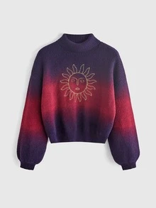 ROMWE Hippie 嬉皮復古大尺碼女款針織毛衣，太陽刺繡，高領，花瓣袖，漸層紫色，寬鬆版型上衣 - 彩色 - 查看 1