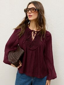 COSMINA Women's Pleated Balloon Sleeve Chiffon Blouse Brunch Everyday Burgundy Autumn Elegant Boho - Burgundy - View 4