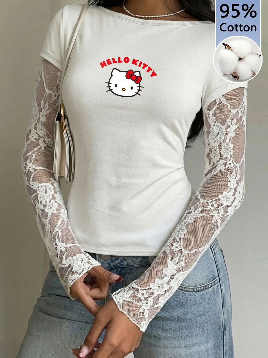 CovetEZ HELLO KITTY AND FRIENDS | SHEIN 95%棉夏季休閒黑色針織蕾絲拼接2合1女款長袖上衣,聯名款,適合外出、街頭穿搭、機場造型、時尚、返校、Y2K、派對、海灘度假、假期 - 白色 - 查看 1