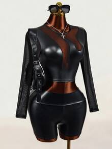 Mistrie Women's Sexy Goth Fitted Fashion Mesh Patchwork Cropped Top Halloween Night Out Clubbing Black Fall - Black - View 4