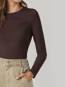 SHEIN BASICS 女款休閒百搭純色修身長袖T恤上衣 白色 - 棕色 - 查看 6