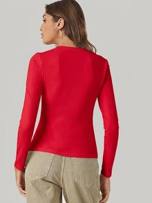 SHEIN BASICS 女款休閒百搭純色修身長袖T恤上衣 白色 - 紅色 - 查看 2