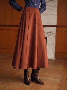 MOTF PREMIUM WOMEN'S SOLID COLOR SUEDE LONG SKIRT WITH BELT - Brown - View 2