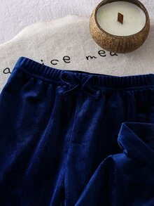 SHEIN Vintaside Kids 女童天鵝絨連帽長袖外套與長褲套裝，適合秋冬，時尚百搭，穿著舒適 - 藏蓝色 - 查看 4