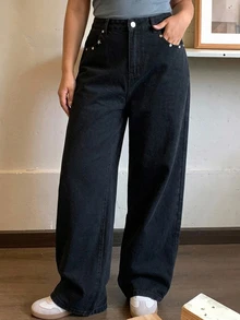Dazy Plus Solid Color Loose Rivet Casual Street Vacation Curved Leg Jeans, Spring/Autumn New Black Denim Pants - Black - View 2