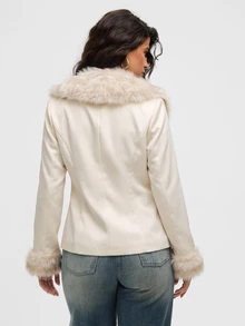 Aloruh Women's Autumn/Winter Fashion Fuzzy Patchwork Regular Coat - Beige - View 2
