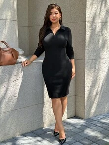 Easura Plus Size Women's Solid Color Lapel Long Sleeve Fitted Elegant Casual Dress Fall - Black - View 8