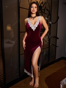 SilkySpell Autumn/Winter Velvet Deep V-Neck Lace Patchwork Thigh Slit Design Fitted Long Slip Nightgown - Red Violet - View 7