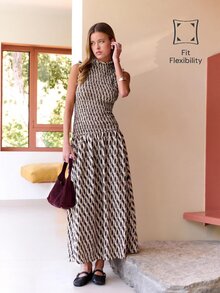 Nöista Women's All-Over Print Pleated Casual Party Dress - Matte Black - View 5