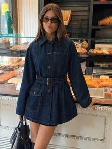 Aloruh Women's Raglan Long Sleeve Single-Breasted Casual Denim Jacket,A-Line Mini,Brunch Outfit,Halloween,Christmas,French Dark Blue Fall - Blue - View 7
