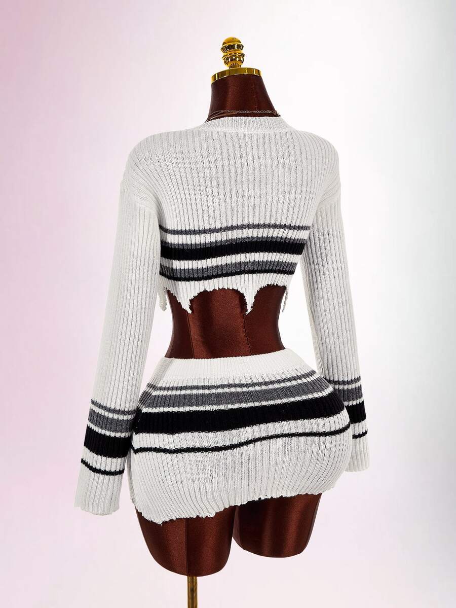 Amplova Black White Gray Striped Long Sleeve Distressed Fitted Bodycon Mini Knit 2 Pieces Set - Black and White - View 1