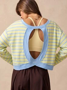 VARSIVA Women's Striped Back Cutout Drop Shoulder Long Sleeve Sports T-Shirt - Multicolor - View 6