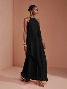 JIAN LASALA Black Chiffon Halter Neck Sleeveless Overlapped Ruffle Hem Long Dress Party Elegant Vacation - Black - View 1