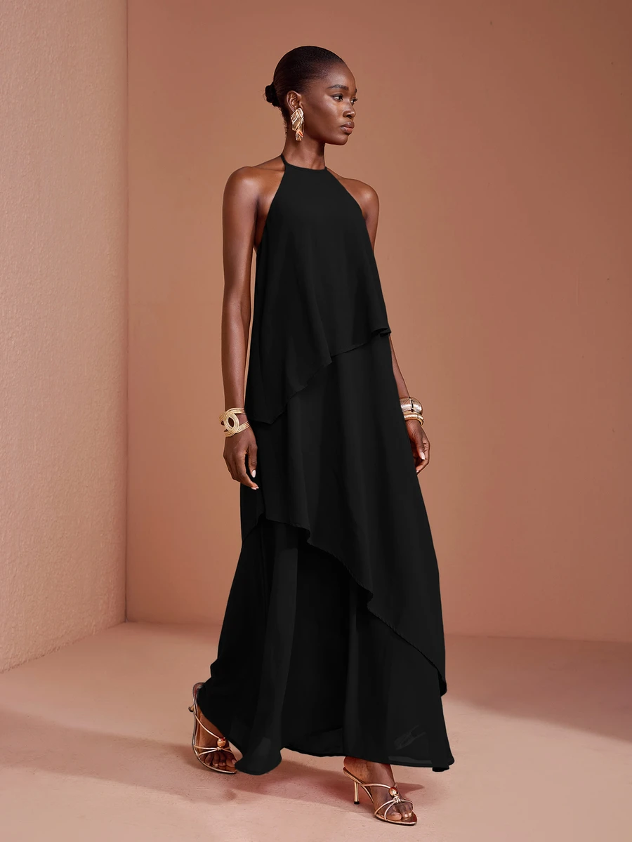 JIAN LASALA Black Chiffon Halter Neck Sleeveless Overlapped Ruffle Hem Long Dress Party Elegant Vacation - Black - View 1