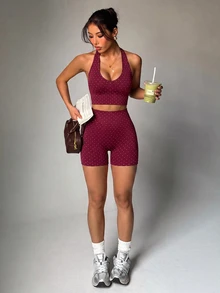 Slayform Women's Polka Dot Print Halter Neck Tank Top And Shorts Sports Set - Burgundy - View 5