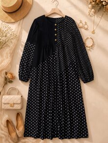 Rusticease Plus Size Women Polka Dot Pattern Button Design Long Sleeve Casual Dress Fall - Black - View 4