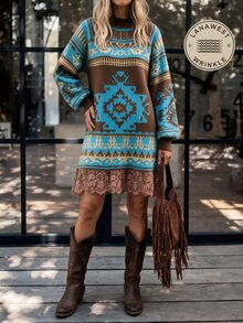 LanaWest Contrast Lace Hem Geometric Pattern Knit Dress For Daily, Vacation, Casual, Commute And Date Wear - Coffee Brown - View 3