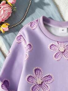 Young Girl Fashion Sweet Floral 3D Effect Print Long Sleeve Thermal Lined Sweatshirt Top Soft Fabric Suitable For Back To School Autumn/Winter - Multicolor - View 8