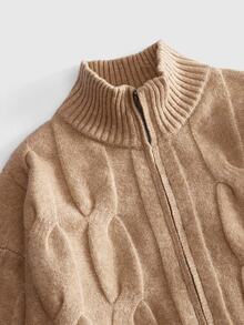 ROMWE MEN Men's Knight Embroidery Long Sleeve Zip-Up Casual Knit Cardigan - Camel - View 3