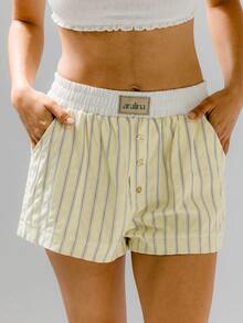 Aralina Stripe Contrast Waist Button Casual Lounge Shorts - Yellow - View 3