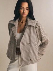 Poéselle 女款法式格紋優雅百搭短款風衣外套 - 棕色 - 查看 5