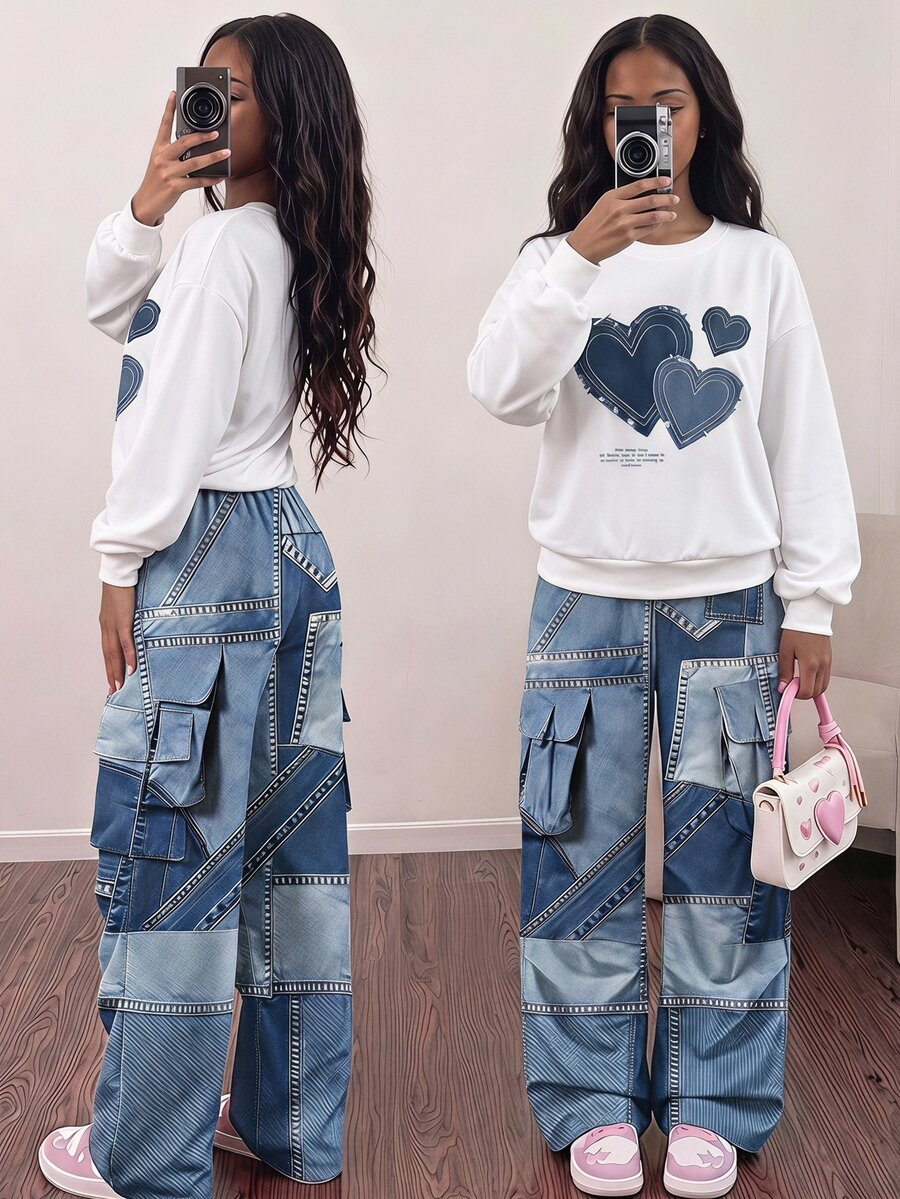 SHEIN 女童大童春秋冬季休閒兩件套 紐約字母印花立領衛衣與短褲套裝 保暖校園穿搭 適合... - 藍色 - 查看 1