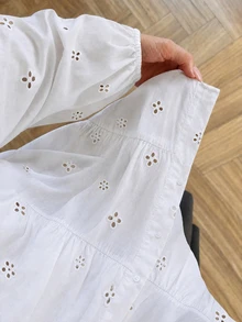 Modelyn 大尺碼長袖純色刺繡鈕扣休閒襯衫，秋季新款 - 白色 - 查看 5
