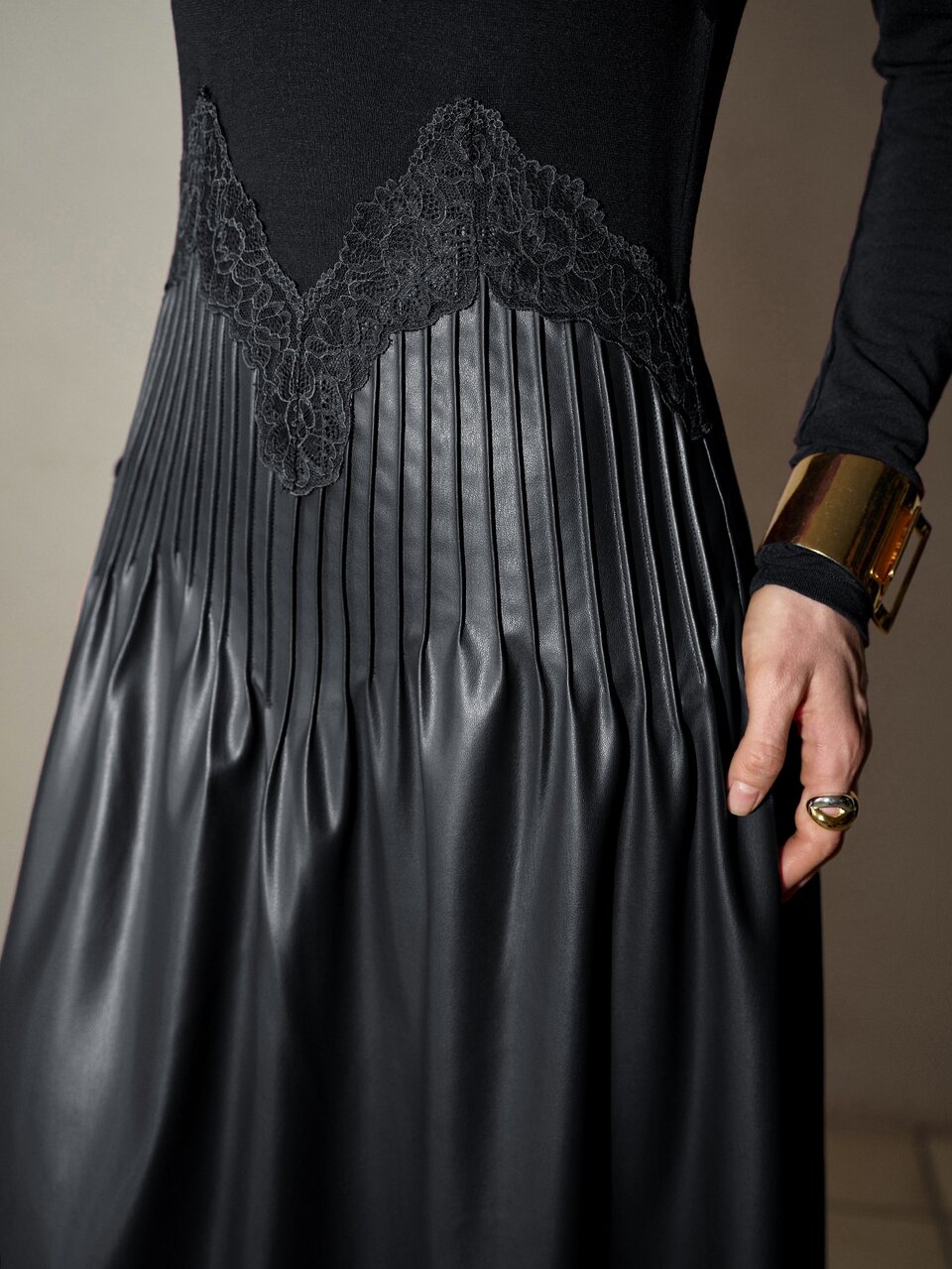MOTF Vestido de mujer con pliegues de contraste, manga larga y largo medio, otoño/invierno