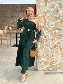 Solavon Women's Solid Color Metal Decor Casual Modest Elegant Party Office Tea Party Long Dress Dark Green Autumn - Dark Green - View 2