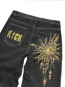 Manfinity EMRG Men's Fashion Street Spider Print Gradient Washed Denim Loose Wide Leg Pants - Black - View 5