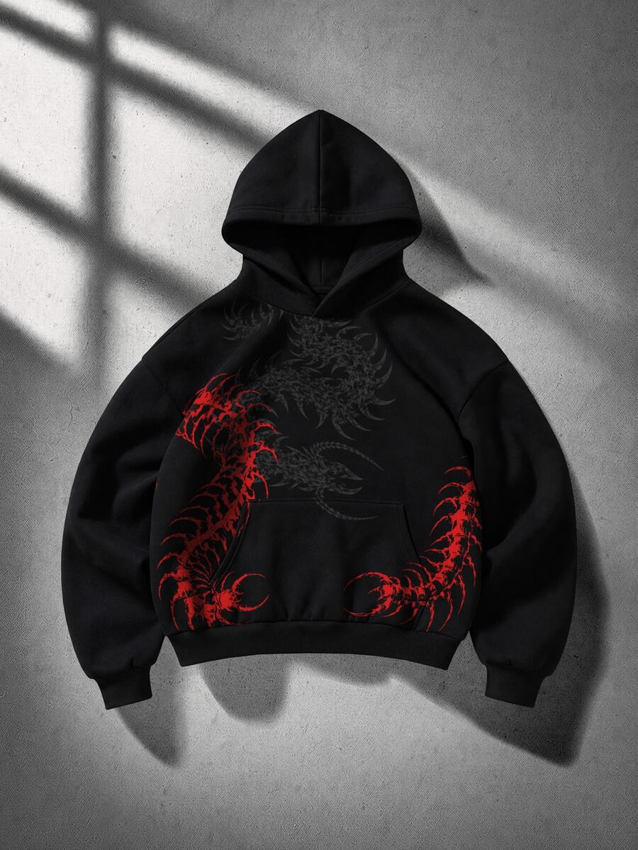 ROMWE MEN Men's Centipede Print Casual Daily Hoodie - Black - View 1