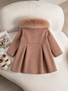 Elladie kids Mantel Panjang Anak Perempuan Warna Cokelat dengan Kerah Bulu, Saku, dan Hiasan Bulu, Jaket Wol Musim Gugur/Dingin Panjang Sedang - Mocha Brown - View 2
