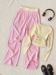 SHEIN Tween Girl Solid Color Kids Square Neck Long Sleeve Ruched T-Shirt And Sweatpants Casual Set Suitable For Spring And Summer Suitable For Autumn Daily - Multicolor - View 2