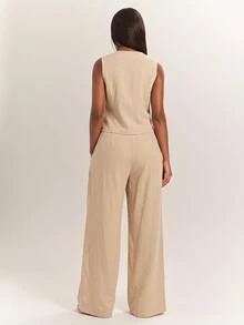 SHEIN SXY Setelan Rompi dan Celana Panjang Wanita Ukuran Besar Warna Polos dengan Leher V - Khaki - View 2