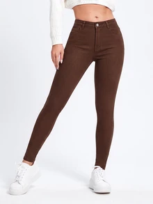 SHEIN ICON 女款休閒日常牛仔長褲，附口袋與鈕扣設計 - 咖啡棕 - 查看 2