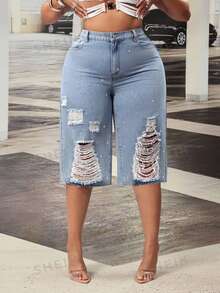 SHEIN CURVE+ Cowgirl Outfit Plus Size Women's Blue Non-Stretch Distressed Frayed Rhinestone Capris - Light Wash - View 8