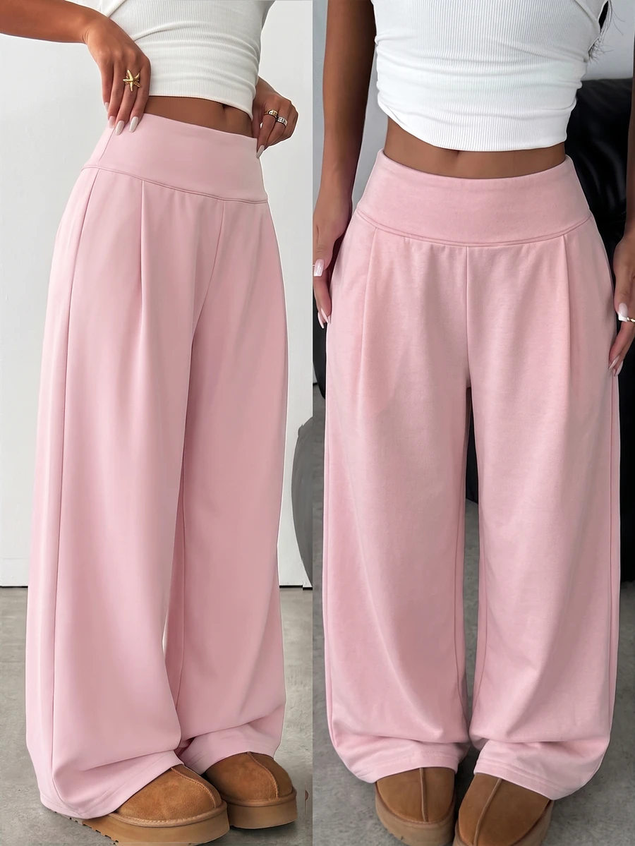 SHEIN Teen Girl Knit Light Pink Loose Casual Drawstring Pocket Wide Leg Sweatpants - Pink - View 1