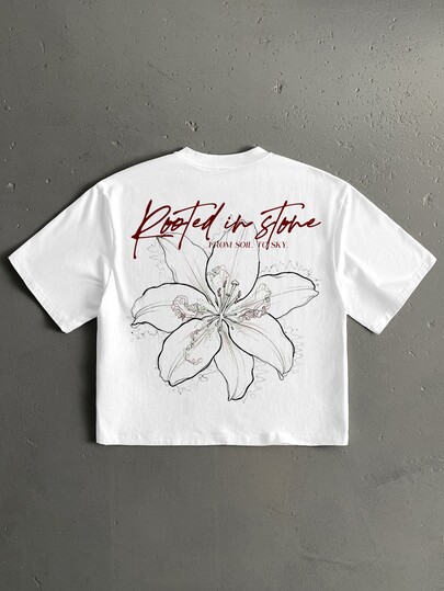StoneGrade Men's White Plus Size Cropped Loose Fit Short Sleeve T-Shirt With Sketch Line Floral Hand-Written English Typography Fashion Print