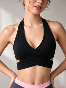 SHEIN 女款拼色休閒日常運動掛脖式內衣 - 黑色 - 查看 3