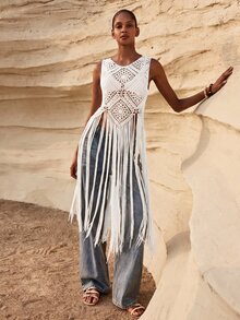 Maija Women's Solid Color Tassel Design Casual Versatile Daily Wear Knit Top - White - View 6