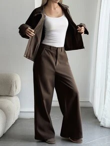 DAZY Women's Solid Color Zipper Front Jacket And Pants Casual 2 Pieces Set Fall - Chocolate Brown - View 5