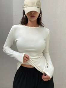 DAZY 女款保暖內裡修身純色T恤 - 米色 - 查看 3