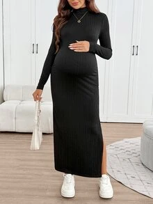 SHEIN Maternity Solid Color High Neck Long Sleeve Side Slit Hem Casual Dress - Apricot - View 6