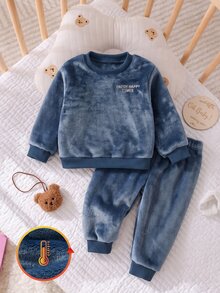 2pcs/Set Autumn/Winter Thickened Fleece Double-Sided Flannel Baby Boy Set, Deep Blue Plush, Exquisite Cute English Embroidery On Chest, Casual Minimalist Pullover Slightly Dropped Shoulder Long Sleeve Top And Long Pants, Home Wear, Winter Style - Blue - View 7