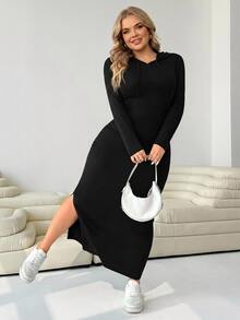 SHEIN CURVE+ 黑色休閒大尺碼女款長袖側開衩下擺連帽洋裝 秋季 - 黑色 - 查看 3