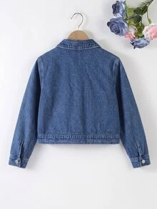 SHEIN Sparklyn 青少年女孩牛仔夾克外套，秋季 Y2K 可愛休閒風，復古深藍色，心形口袋，修身舒適，適合上學與度假 - 深色水洗藍 - 查看 2