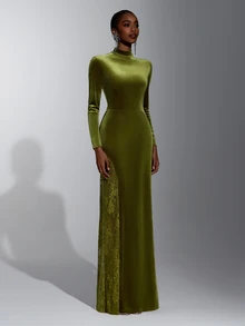 Elitara Elegant Olive Green Lace Velvet Stand Collar Long Sleeve Slit A-Line Bridesmaid Dress - Olive Green - View 7
